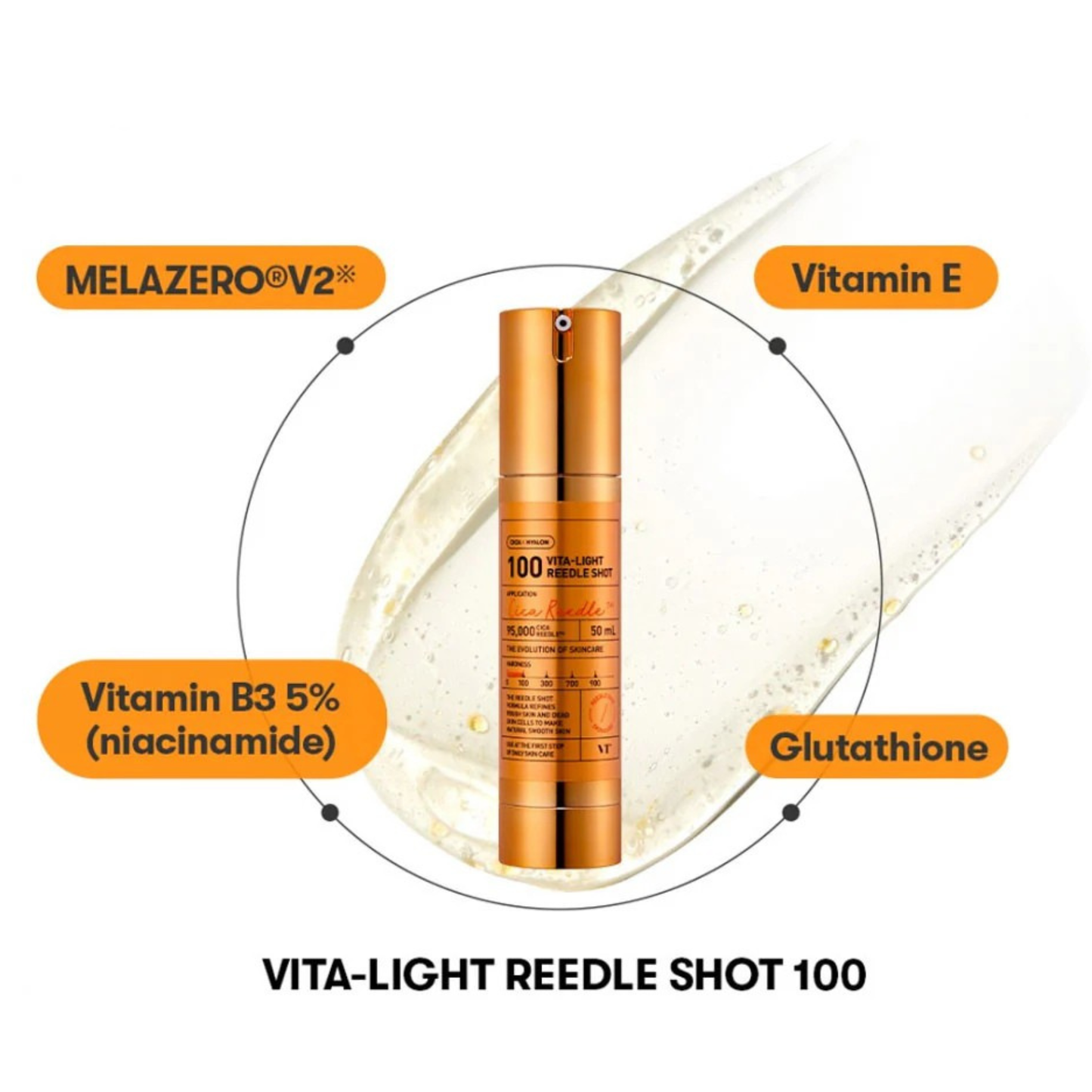 VT Cosmetics Vita-light Reedle Shot 100 surrounded by hero ingredients on a light background
