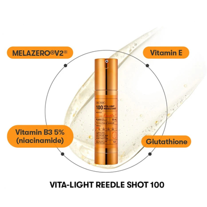 VT Cosmetics Vita-light Reedle Shot 100 surrounded by hero ingredients on a light background