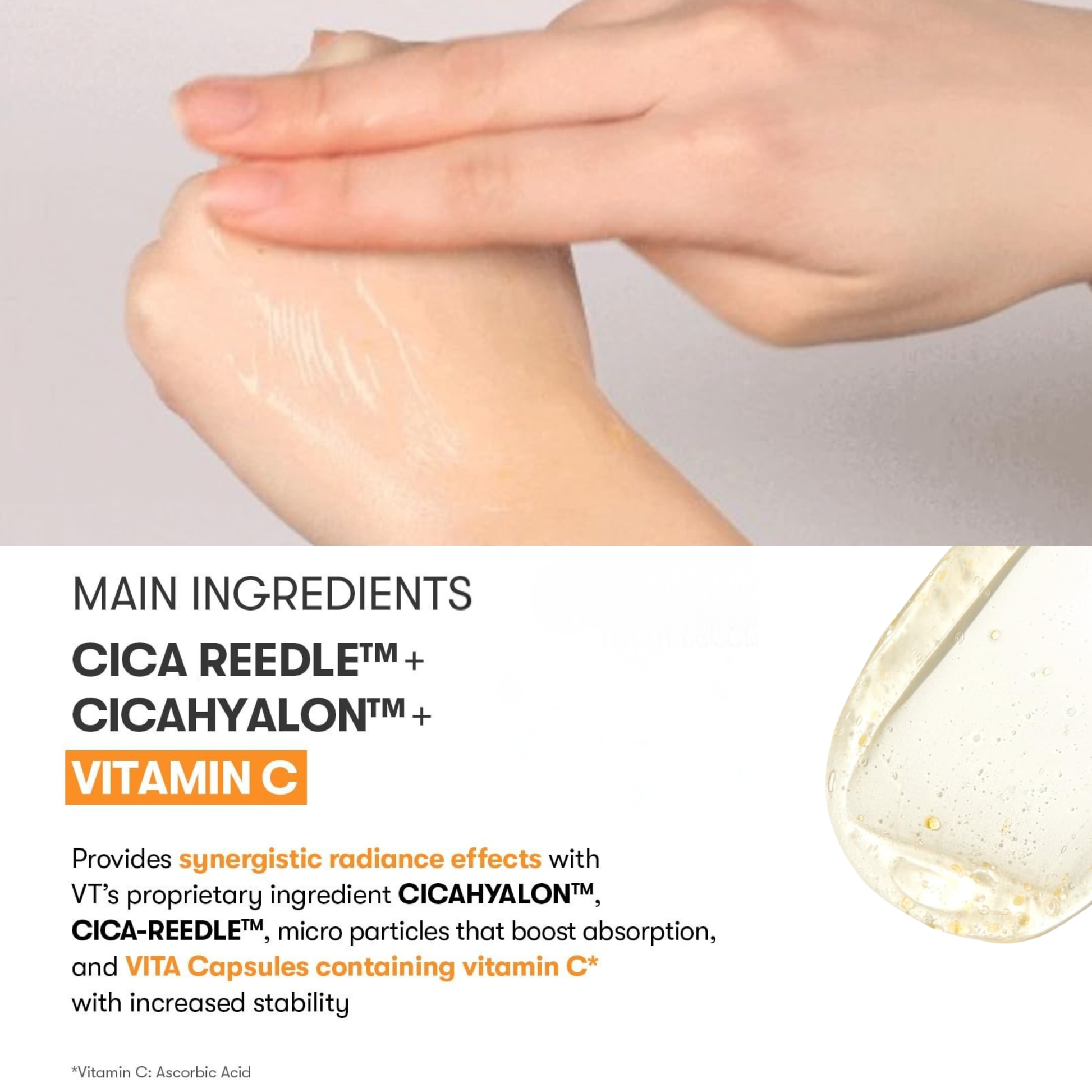 Hand applying VT Cosmetics Vita-light Reedle Shot 100 with product details on a light gray background