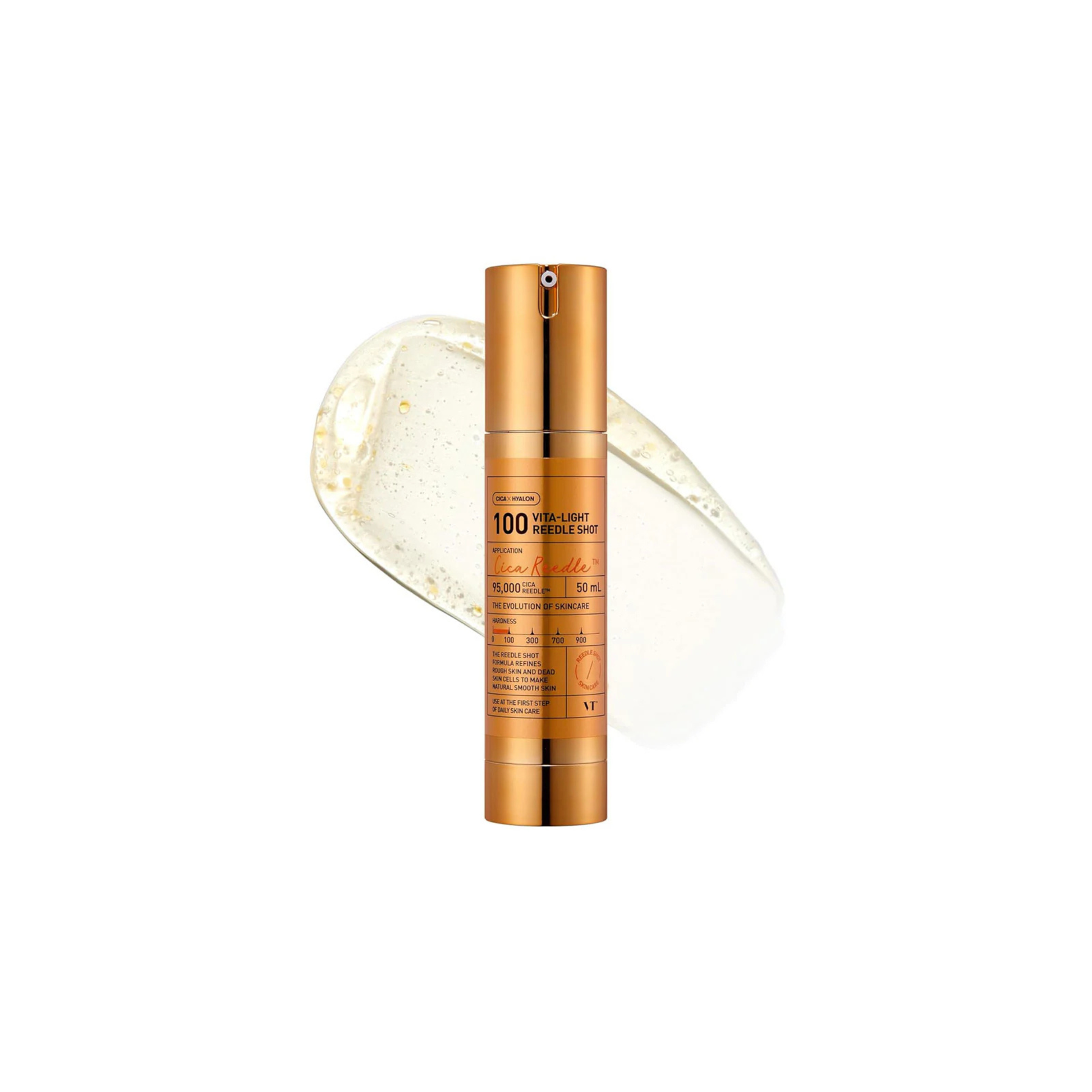 VT Cosmetics Vita-light Reedle Shot 100 with a serum and encapsulated vita-capsules on a white background