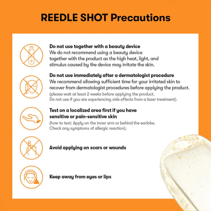 VT Cosmetics Vita-light Reedle Shot 100 Precautions of use on an orange background