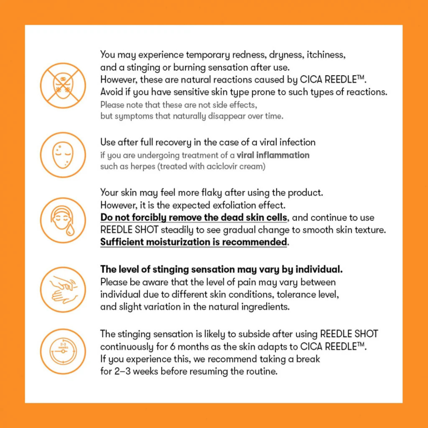 VT Cosmetics Vita-light Reedle Shot 100 Precautions of use on an orange background