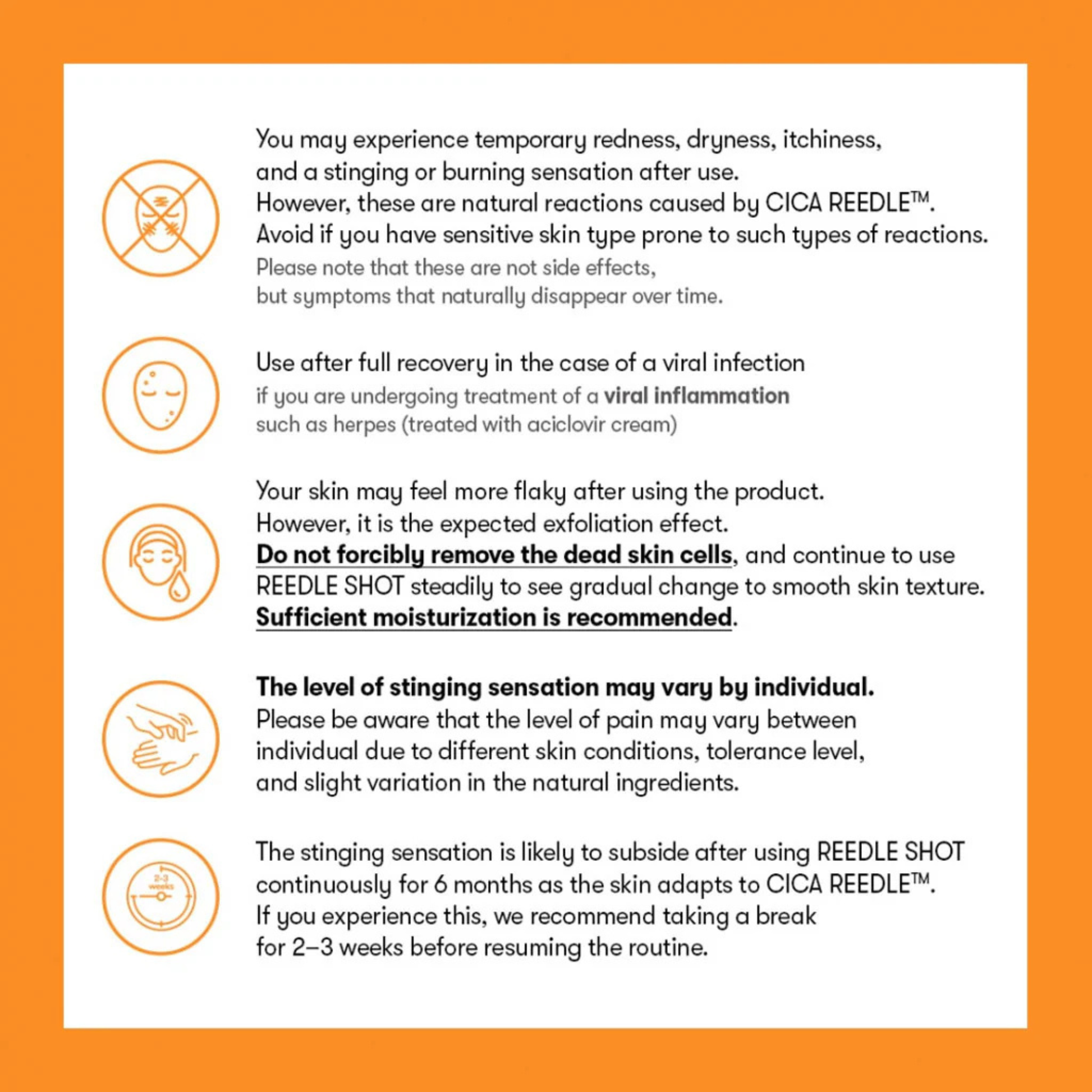 VT Cosmetics Vita-light Reedle Shot 100 Precautions of use on an orange background