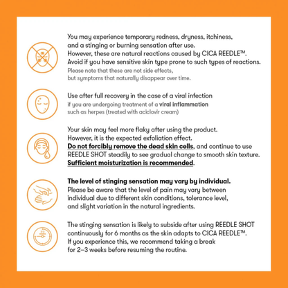 VT Cosmetics Vita-light Reedle Shot 100 Precautions of use on an orange background