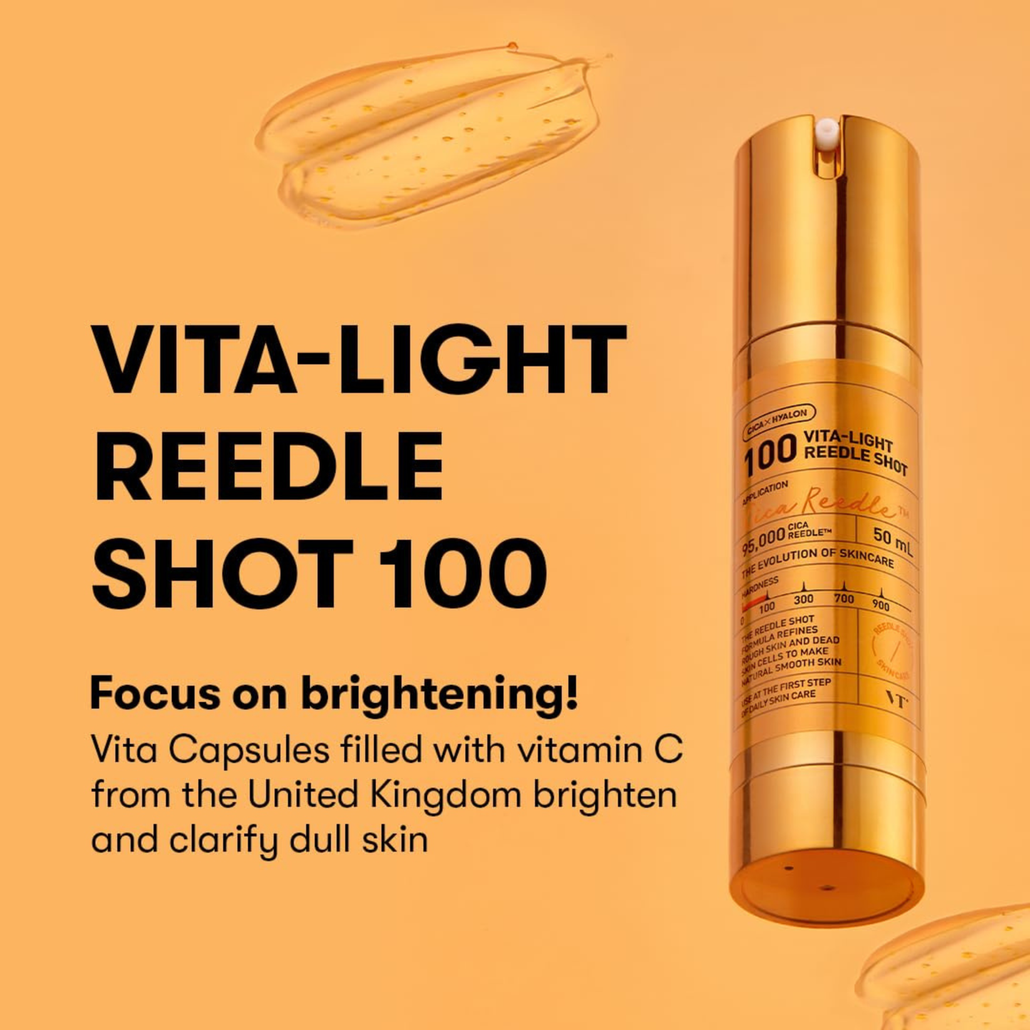 VT Cosmetics Vita-light Reedle Shot 100 on an orange background with text about the brightening focus of the product