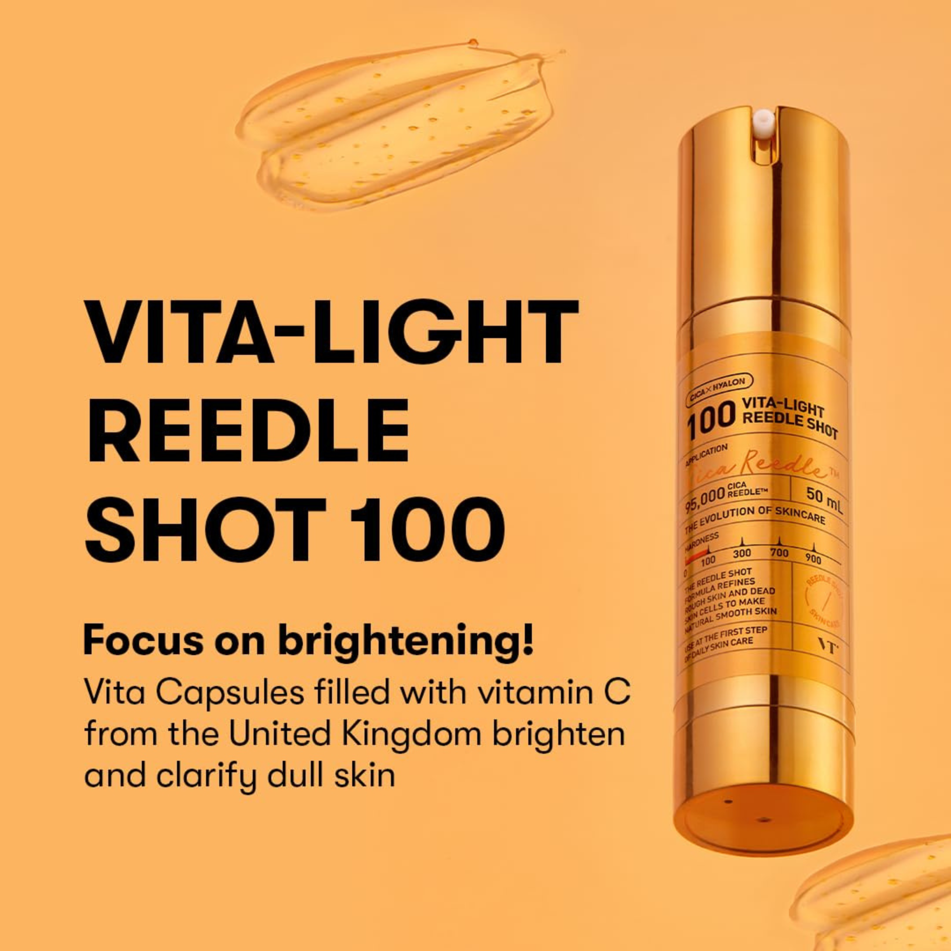 VT Cosmetics Vita-light Reedle Shot 100 on an orange background with text about the brightening focus of the product