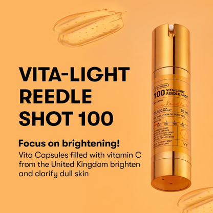 VT Cosmetics Vita-light Reedle Shot 100 on an orange background with text about the brightening focus of the product