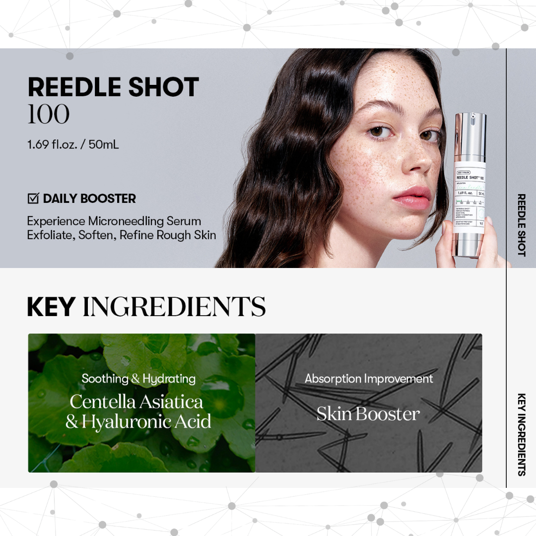 VT Cosmetics Reedle Shot 100 with a woman holding the serum and key ingredients displayed.