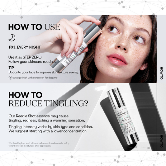 VT Cosmetics Reedle Shot 100 with text on how to use and reduce tingling, featuring a woman applying the product.