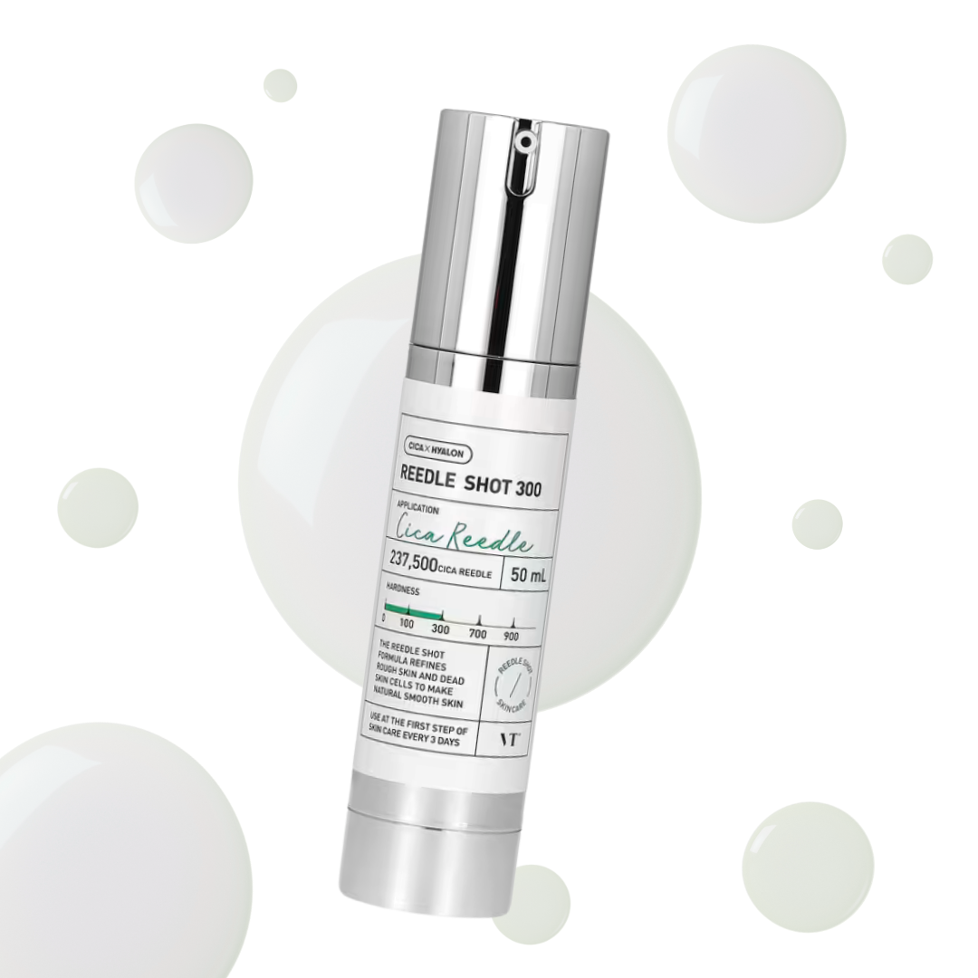 VT Cosmetics Reedle Shot 300 bottle on a white background with subtle circular designs.