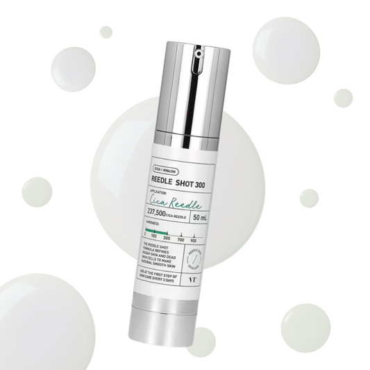 VT Cosmetics Reedle Shot 300 bottle on a white background with subtle circular designs.
