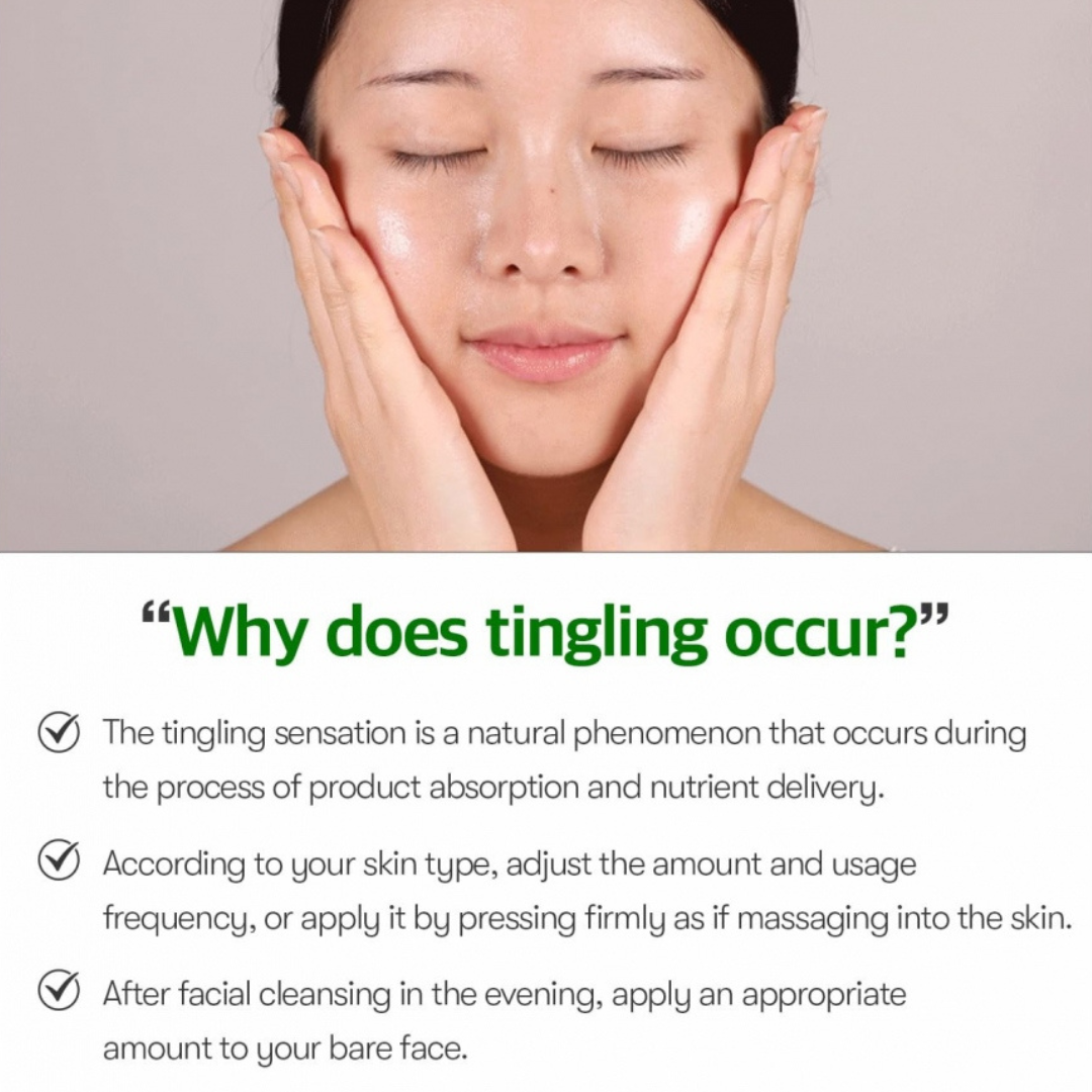 Woman applying VT Cosmetics Reedle Shot 300 with text explaining tingling sensation