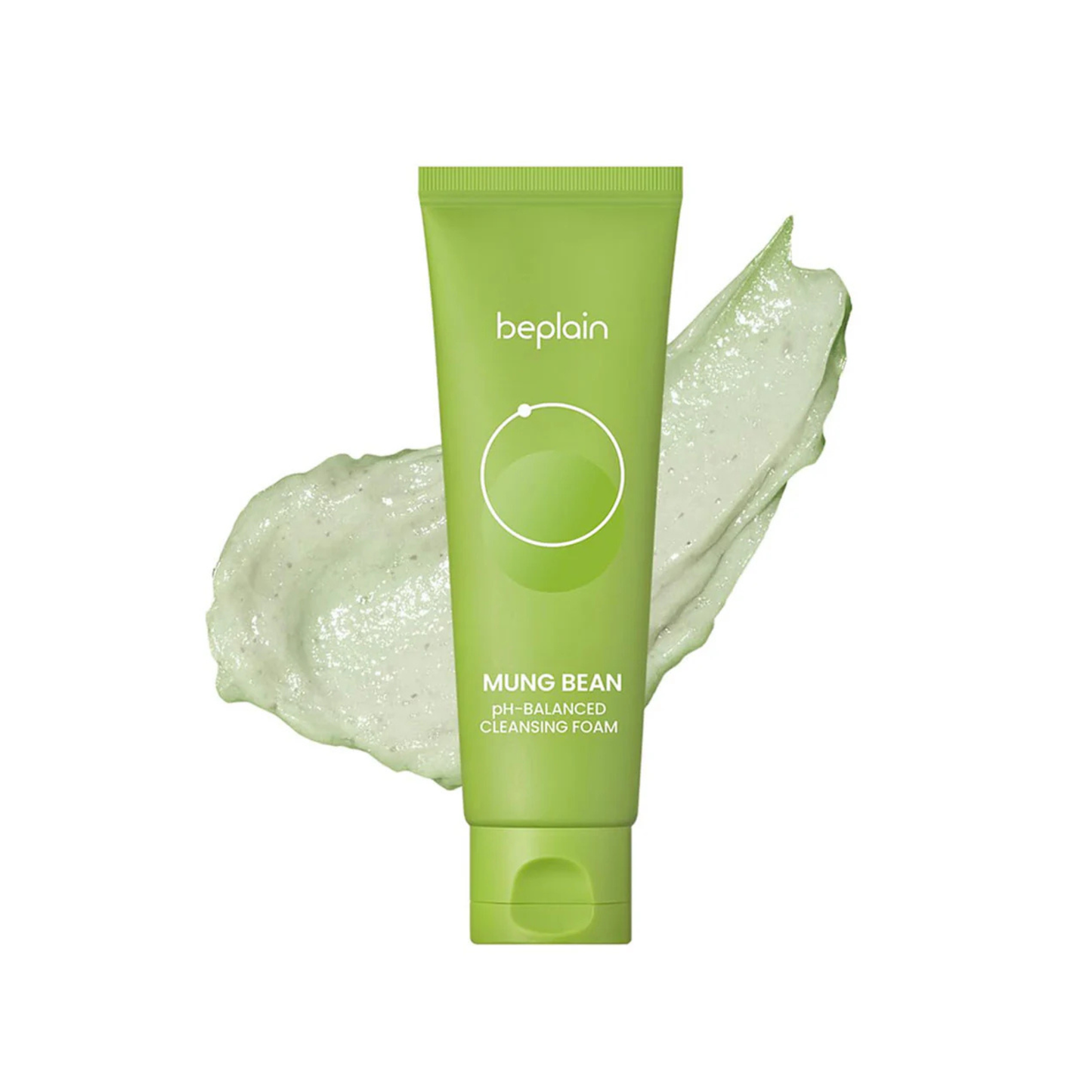 Green tube of beplain Mung Bean pH-Balanced Cleansing Foam with a swatch of green cleanser on a white background