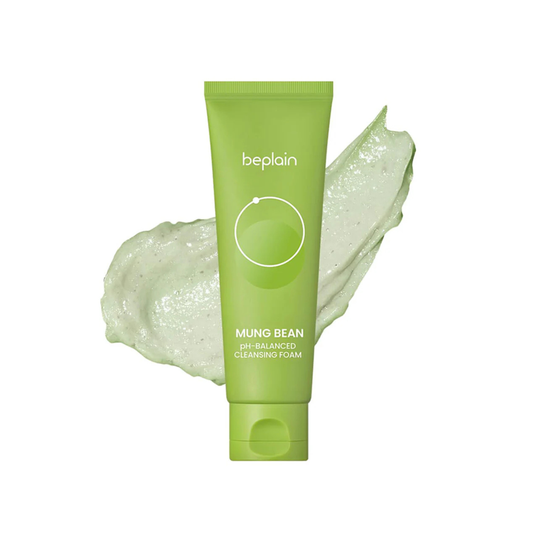 Green tube of beplain Mung Bean pH-Balanced Cleansing Foam with a swatch of green cleanser on a white background