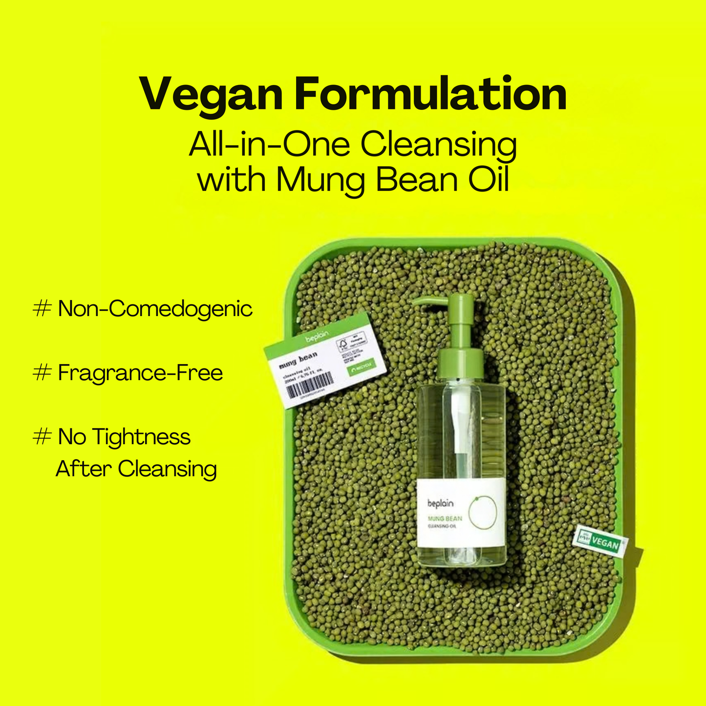 beplain Mung Bean Cleansing Oil on a bed of mung beans and text about the formula features on a lime green background