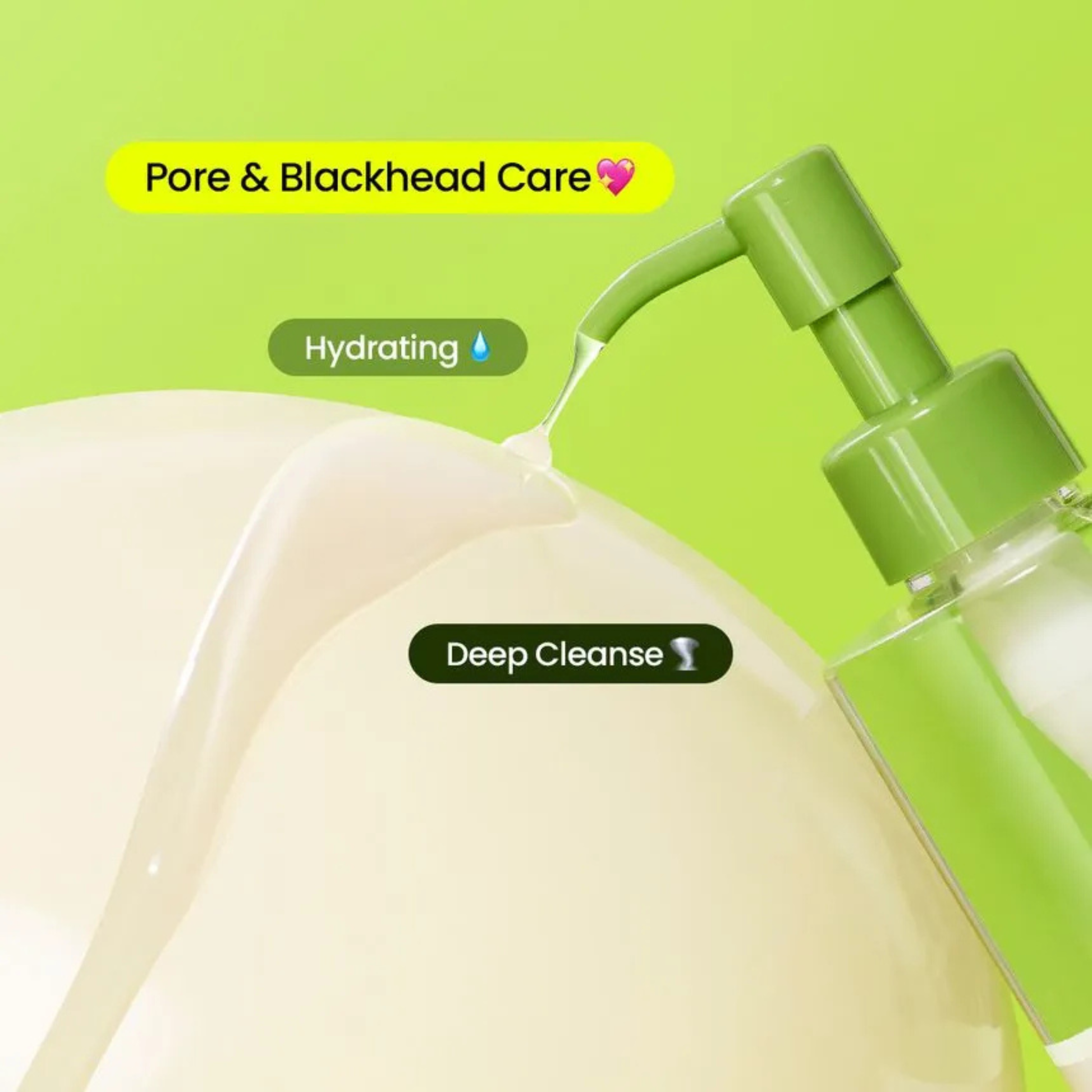 Close up of with beplain Mung Bean Cleansing Oil being dispensed on skin with green pump and text about Pore and blackhead care on a green background