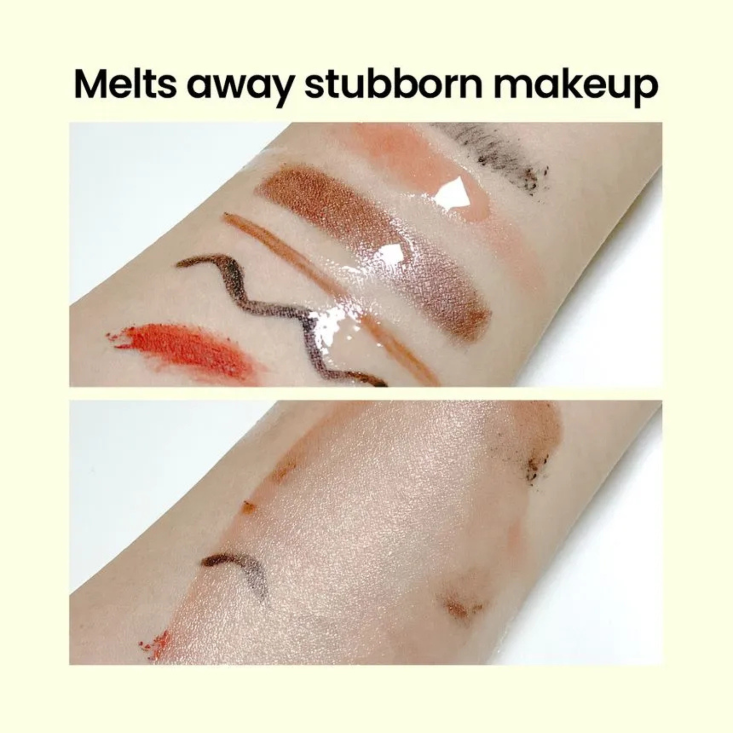Before and after effects on makeup removal when using with beplain Mung Bean Cleansing Oil with text 'Melts away stubborn makeup' 