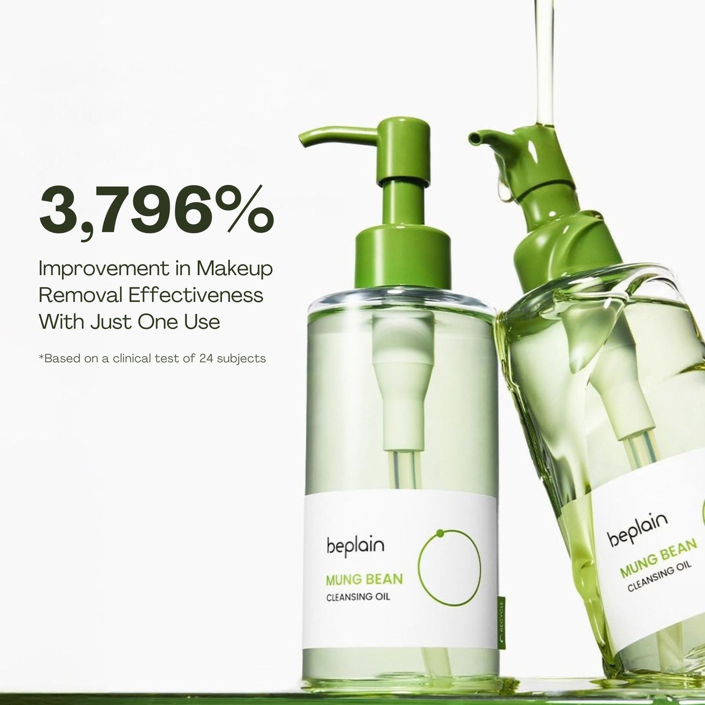 Two bottles of beplain Mung Bean Cleansing Oil with a pumps on a white background as well as text about the improvement of make-up removal effectiveness after one use