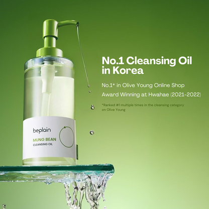 Bottle of beplain Mung Bean Cleansing Oil with a green background and text highlighting its ranking in Korea.