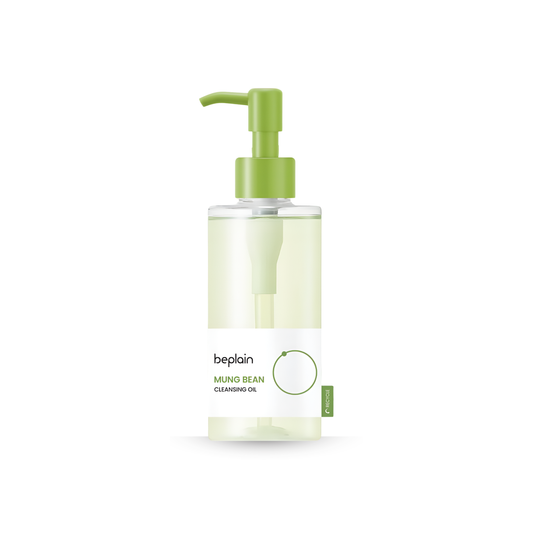 Bottle of beplain Mung Bean Cleansing Oil with a green pump on a white background