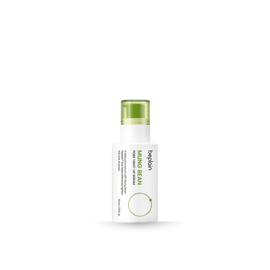 beplain Mung Bean Pore Tight-Up Serum product bottle with green cap and white label on a white background