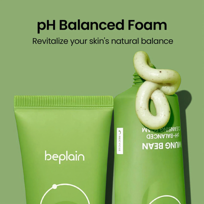 Green beplain Mung Bean pH-Balanced Cleansing Foam on a green background