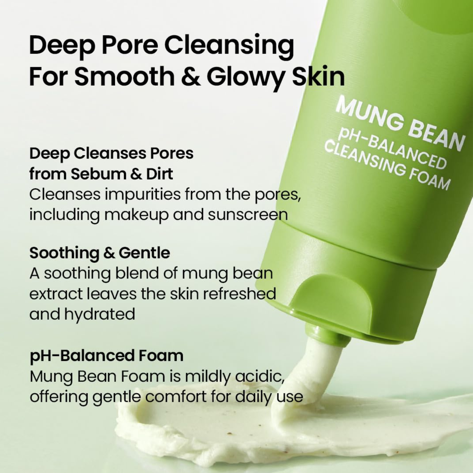 Green bottle of Mung Bean pH-Balanced Cleansing Foam with text about its benefits on a white background