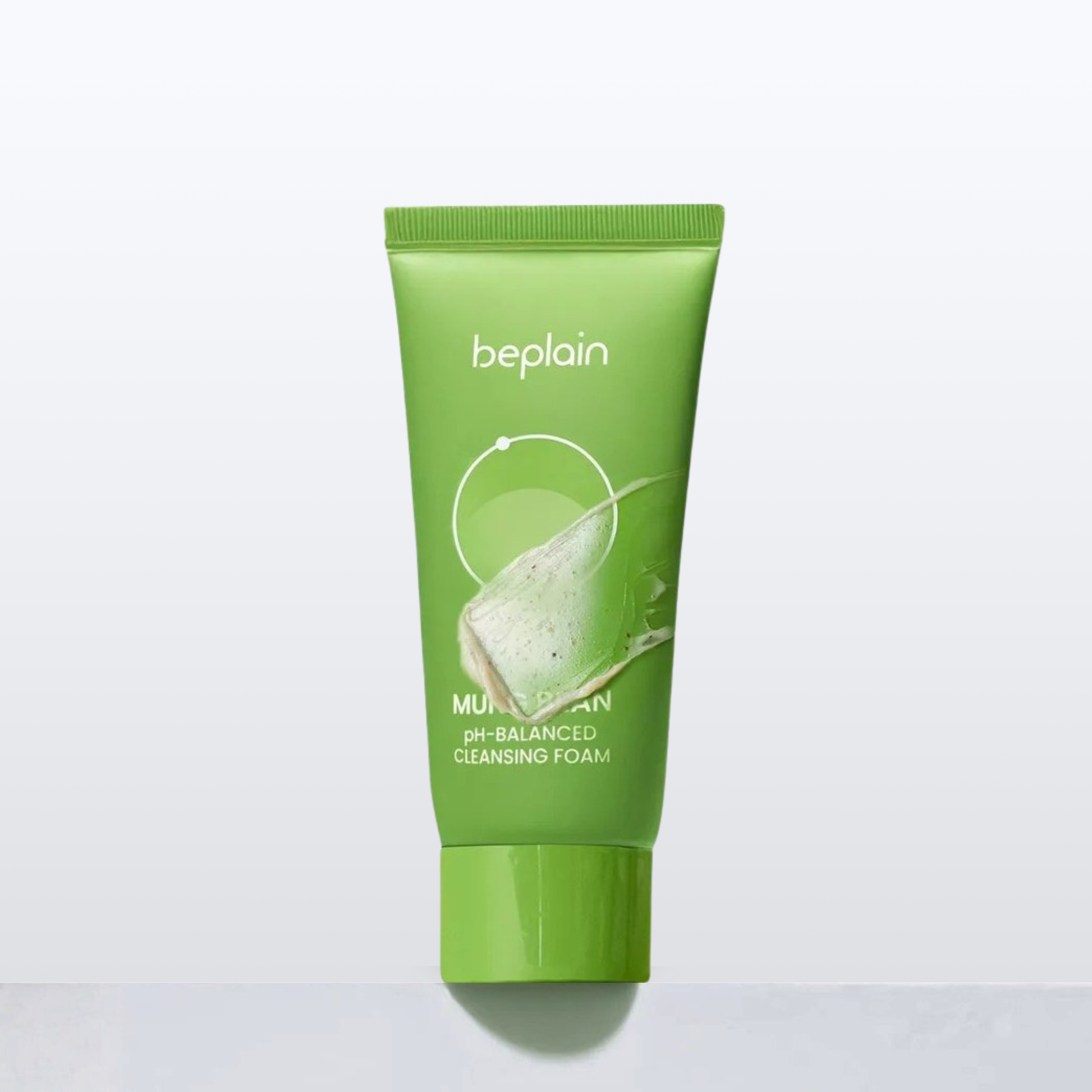beplain Mung Bean pH-Balanced Cleansing Foam Mini with cleansing foam smear on a light grey background