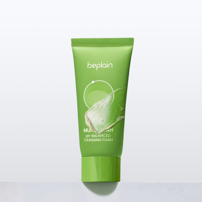beplain Mung Bean pH-Balanced Cleansing Foam Mini with cleansing foam smear on a light grey background
