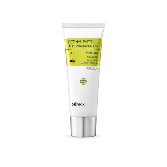 A white squeeze tube of Cellimax Retinal Shot Tightening Dual Cream with a silver cap, set against a plain white background.