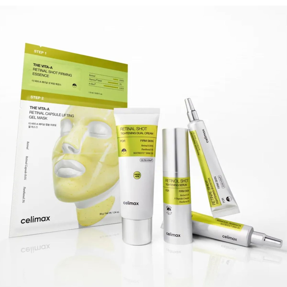 A skincare set from Cellmax featuring a Retinal Shot Tightening Booster, Retinol Shot Tightening Serum, Vita-A Retinal Shot Tightening Dual Cream, and the Vita-A Retinal Shot Firming Essence and Capsule Lifting Gel Mask