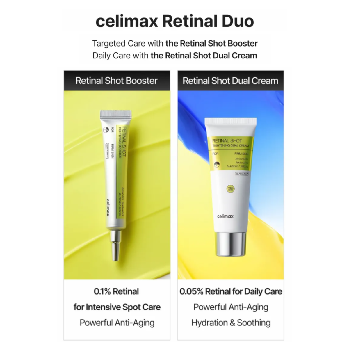 Promotional graphic for the celimax Retinal Duo, showing two skincare tubes side by side: a white and yellow 'Retinal Shot Booster' tube on a yellow background, and a white and blue 'Retinal Shot Dual Cream' tube on a blue and yellow background. Text describes the targeted care benefits of both products.