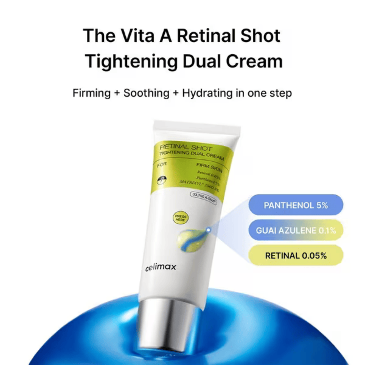 Tube of Celimax The Vita-A Retinal Shot Tightening Dual Cream with product details on a white background