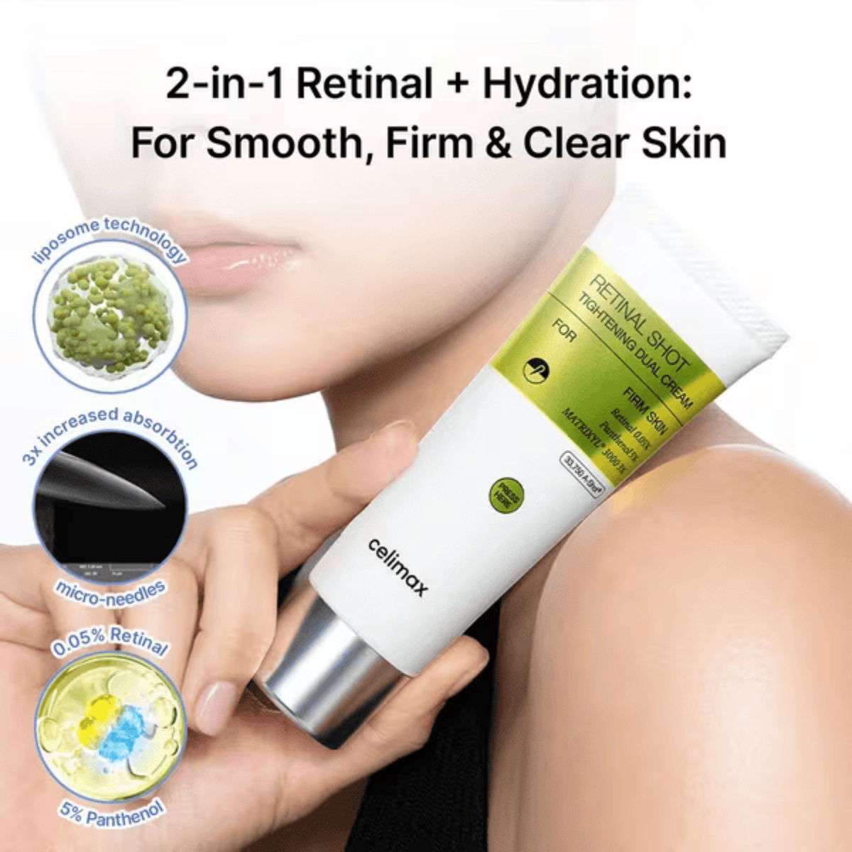 A person holds a tube of Celimax The Vita-A Retinal Shot Tightening Dual Cream against a close-up of their face and shoulder, with marketing text and circular inset graphics for liposome technology, increased absorption and retinal and panthenol.