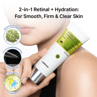 A person holds a tube of Celimax The Vita-A Retinal Shot Tightening Dual Cream against a close-up of their face and shoulder, with marketing text and circular inset graphics for liposome technology, increased absorption and retinal and panthenol.