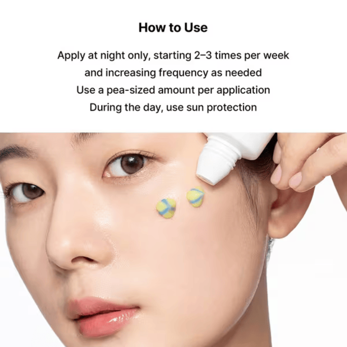 Person applying  Celimax The Vita-A Retinal Shot Tightening Dual Cream to their face with text on how to use it.