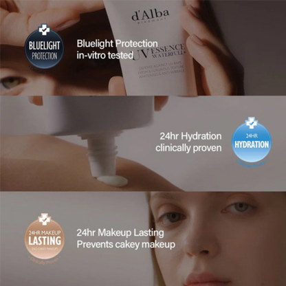 d'Alba UV Essence Waterfull SPF 50+ PA++++ Sun Cream with text highlighting bluelight protection, 24hr hydration, and makeup lasting features.