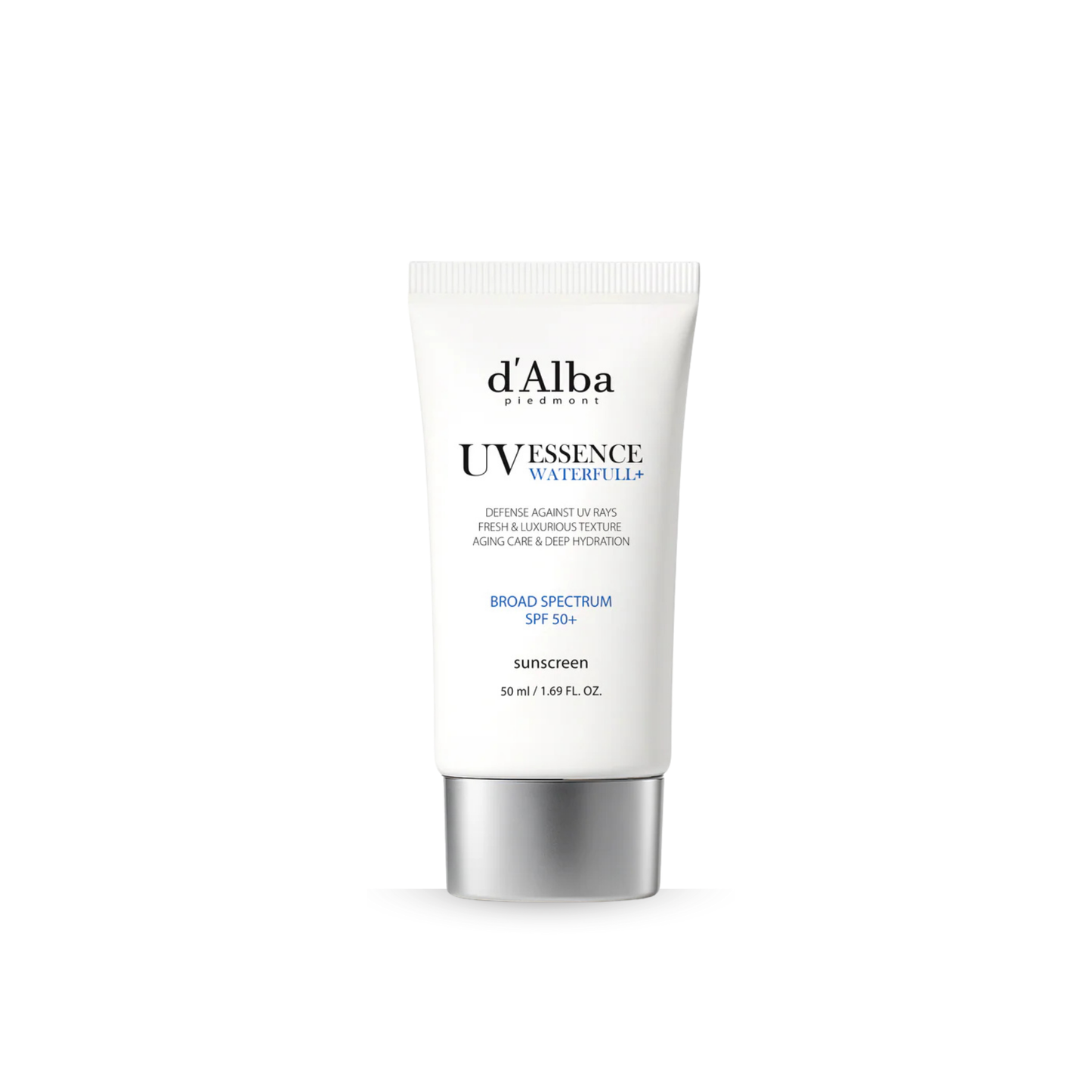 Tube of d'Alba UV Essence Waterfull SPF 50+ PA++++ Sun Cream on a white background