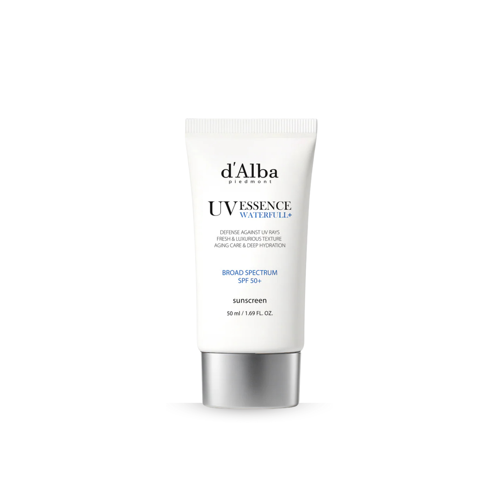 Tube of d'Alba UV Essence Waterfull SPF 50+ PA++++ Sun Cream on a white background