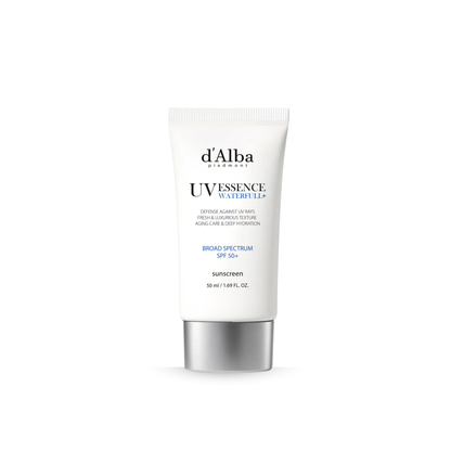 Tube of d'Alba UV Essence Waterfull SPF 50+ PA++++ Sun Cream on a white background