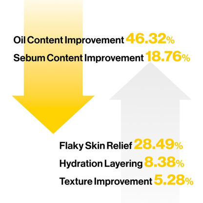 Results of oil content improvement, sebum content improvement, flaky skin relief, hydration layering, and texture improvement with corresponding percentages.