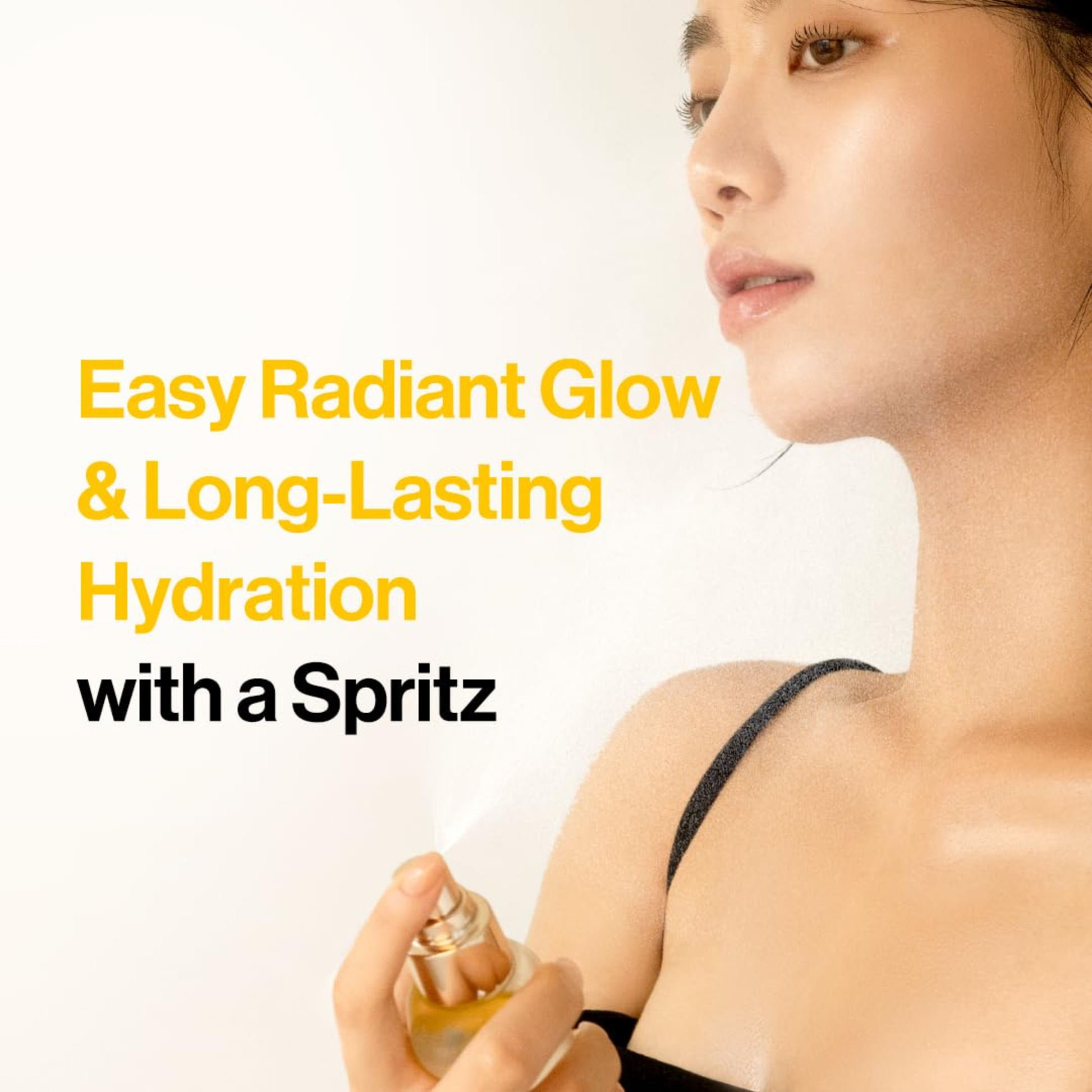 Woman holding d’Alba White Truffle First Spray Serum with text about easy radiant glow and long-lasting hydration.