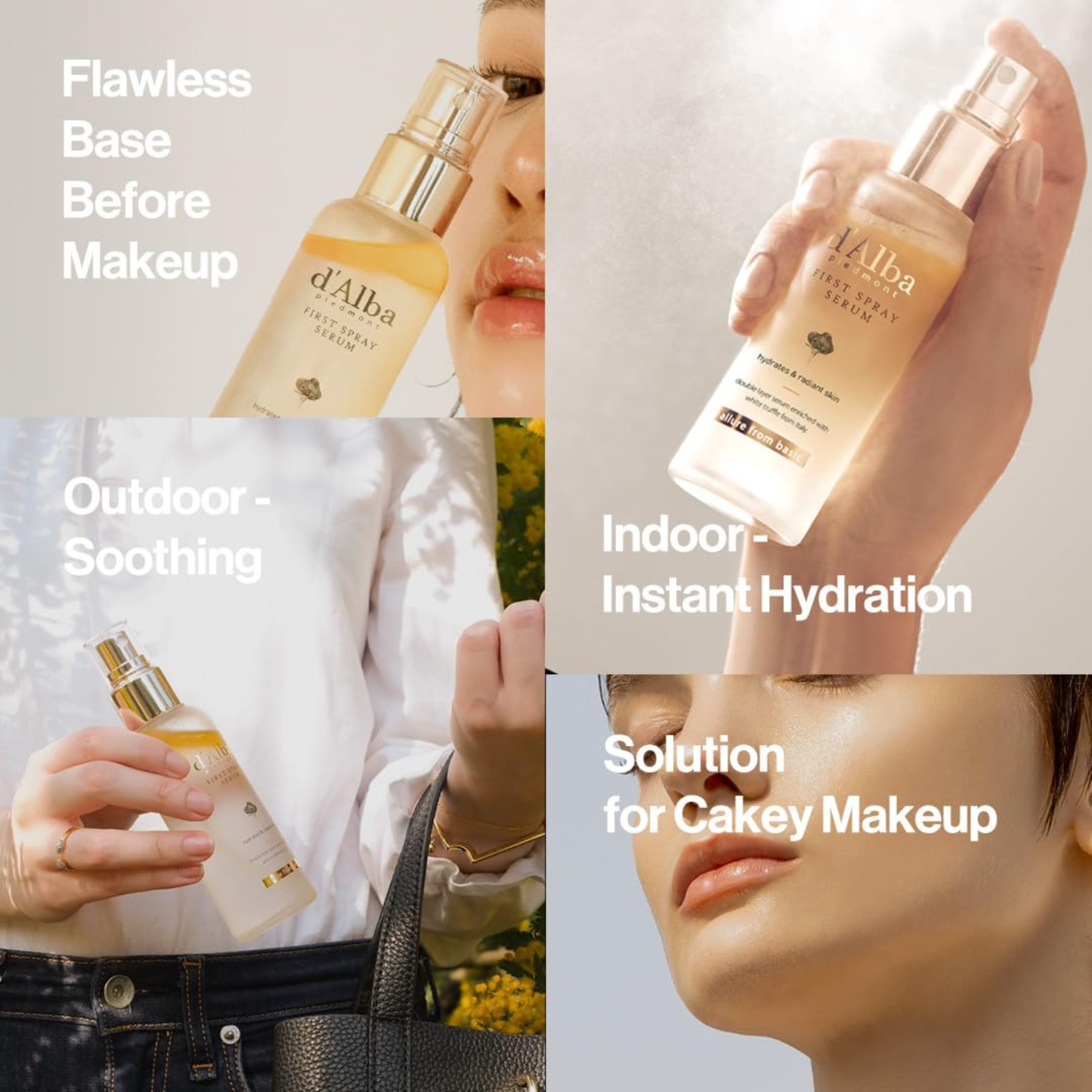 Collage of d’Alba White Truffle First Spray Serum with text describing its uses.