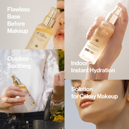 Collage of d’Alba White Truffle First Spray Serum with text describing its uses.
