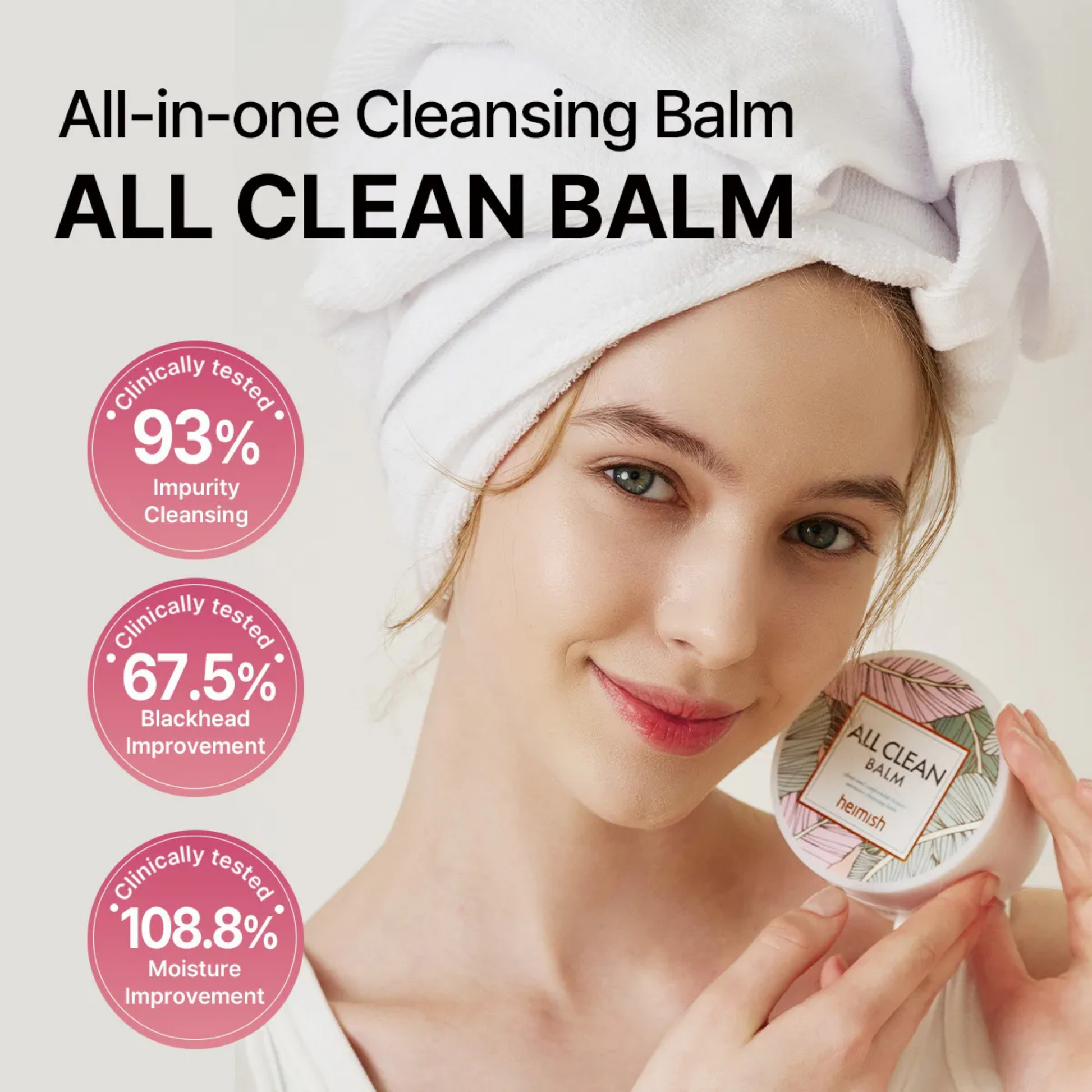 Woman holding heimish All Clean Balm with clinically tested product features highlighted on a light background