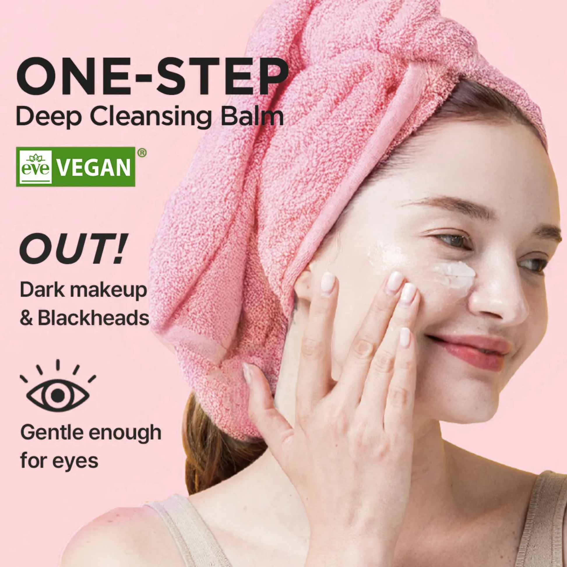 Woman applying heimish All Clean Balm with pink towel on head, vegan logo, text about product benefits on pink background