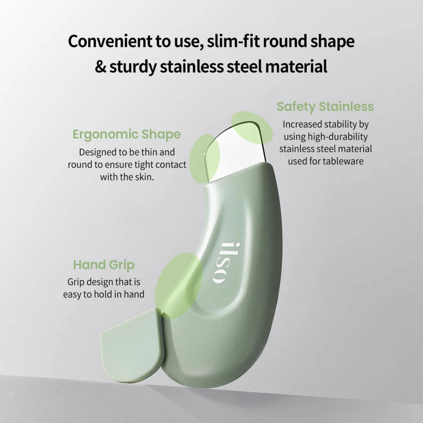 ilso Deep Clean Master Green handheld device with text highlighting its features on a light gray background