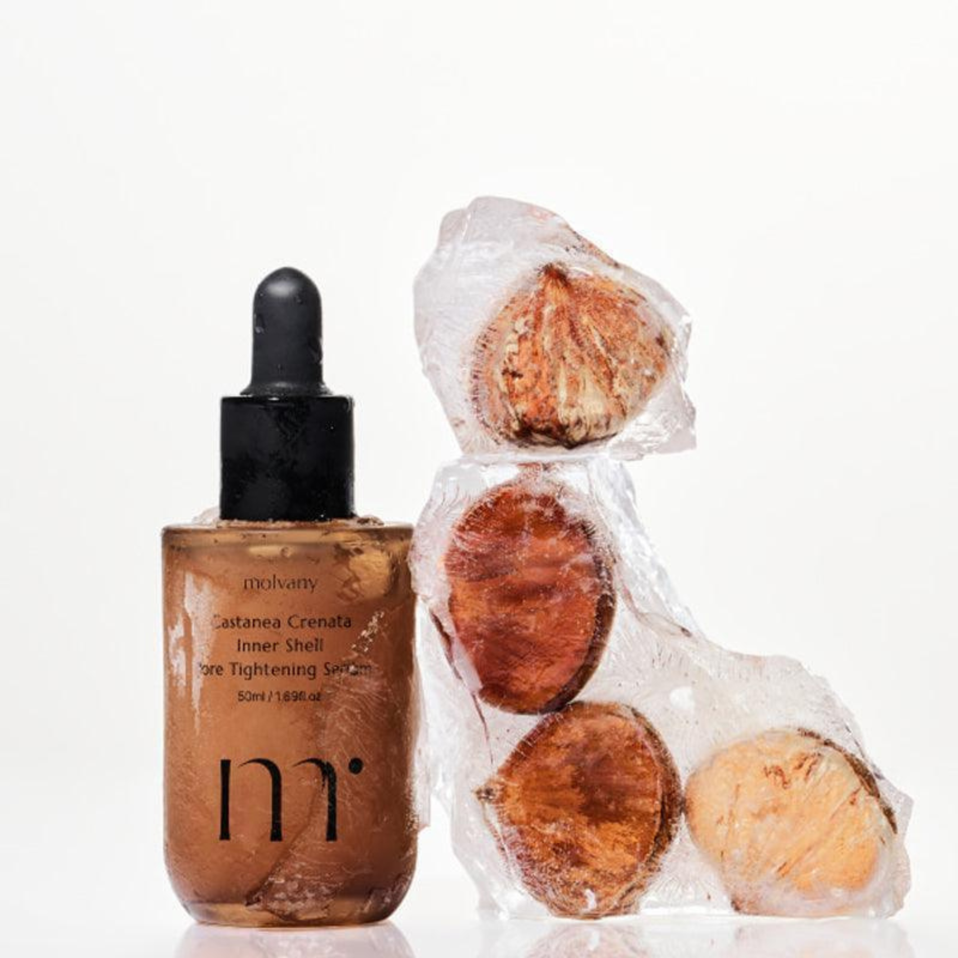 molvany Castanea Crenata Inner Shell Pore Tightening Serum with dropper and frozen chestnuts on a white background