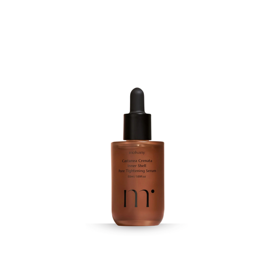 Brown serum bottle  of molvany Castanea Crenata Inner Shell Pore Tightening Serum with black dropper on a white background