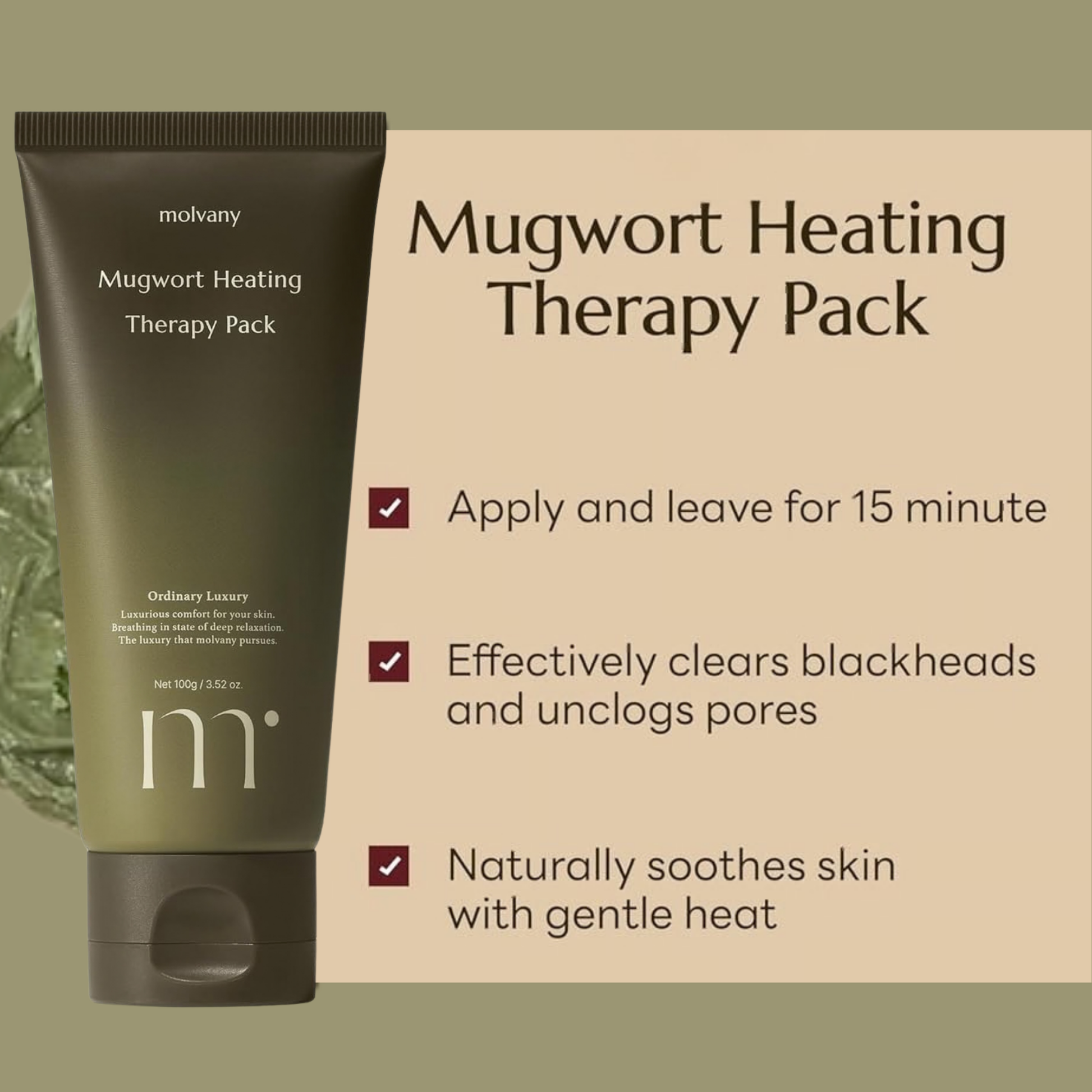 Mugwort Heating Therapy Pack with product packaging and benefits on a beige background